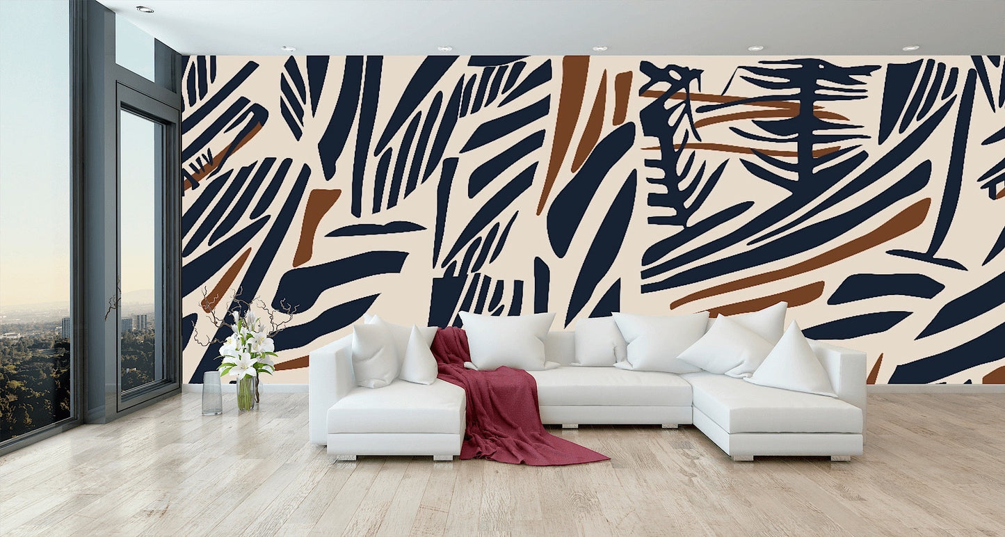 Removable Wallpaper Abstract Animals and Leaves Print. Peel and Stick Wallpaper.