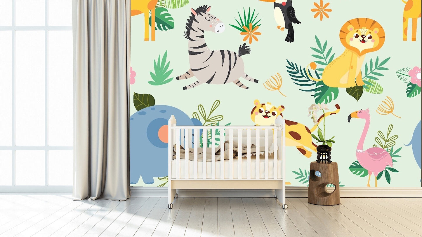 Removable Wallpaper Seamless Pattern with Wild Animals. Peel and Stick Wallpaper.