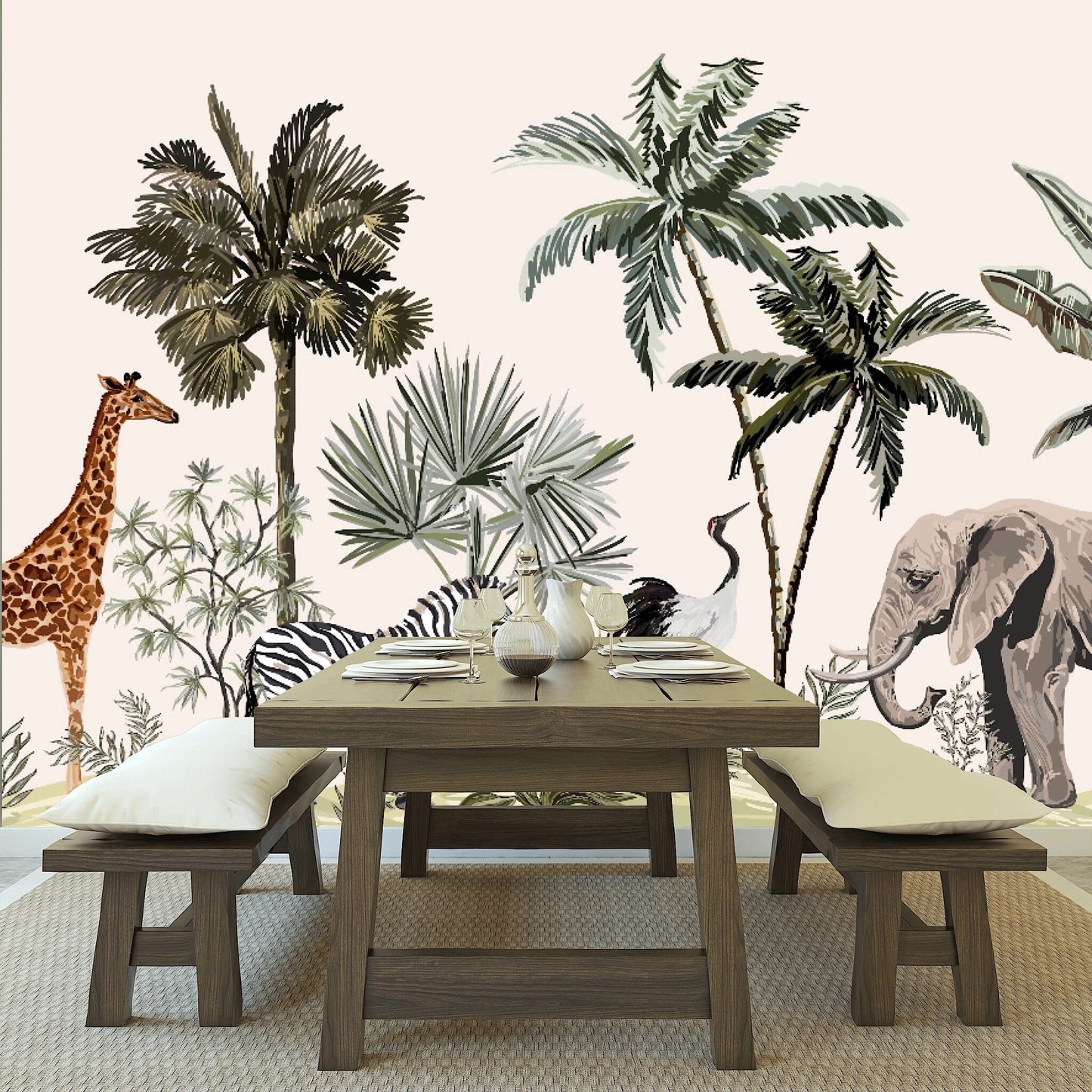 Removable Wallpaper Tropical Vintage Botanical Landscape. Peel and Stick Wallpaper.