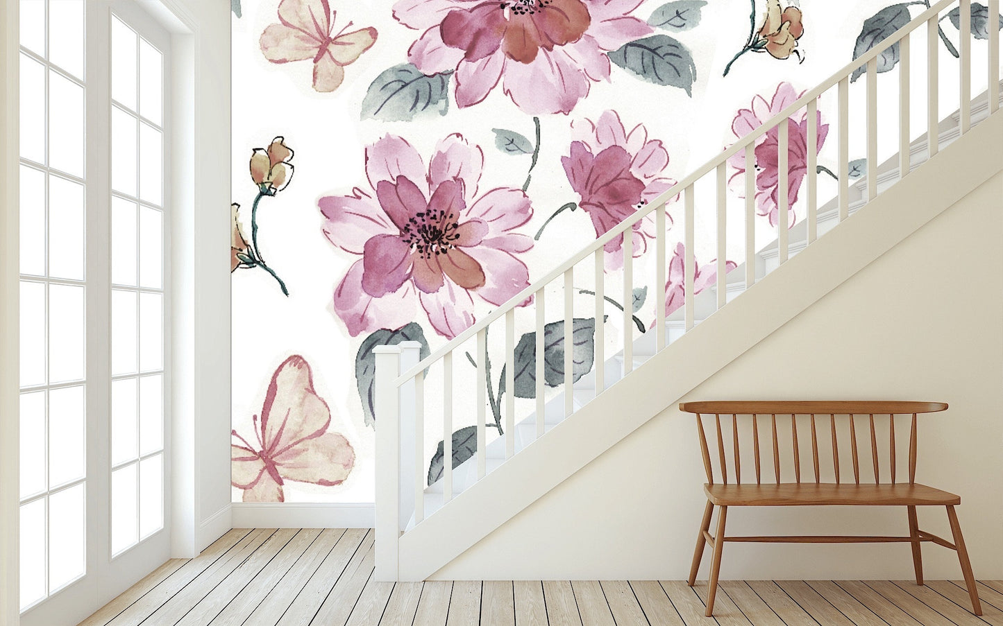 Removable Wallpaper Halftone Flowers Bouquet floral pattern. Peel and Stick Wallpaper.