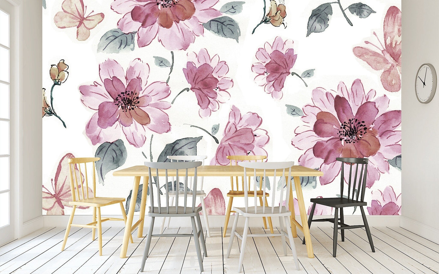 Removable Wallpaper Halftone Flowers Bouquet floral pattern. Peel and Stick Wallpaper.