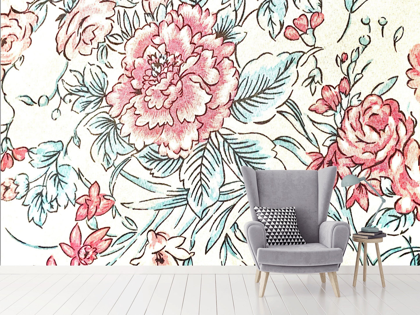 Removable Wallpaper Background Floral, Green and Red. Peel and Stick Wallpaper.