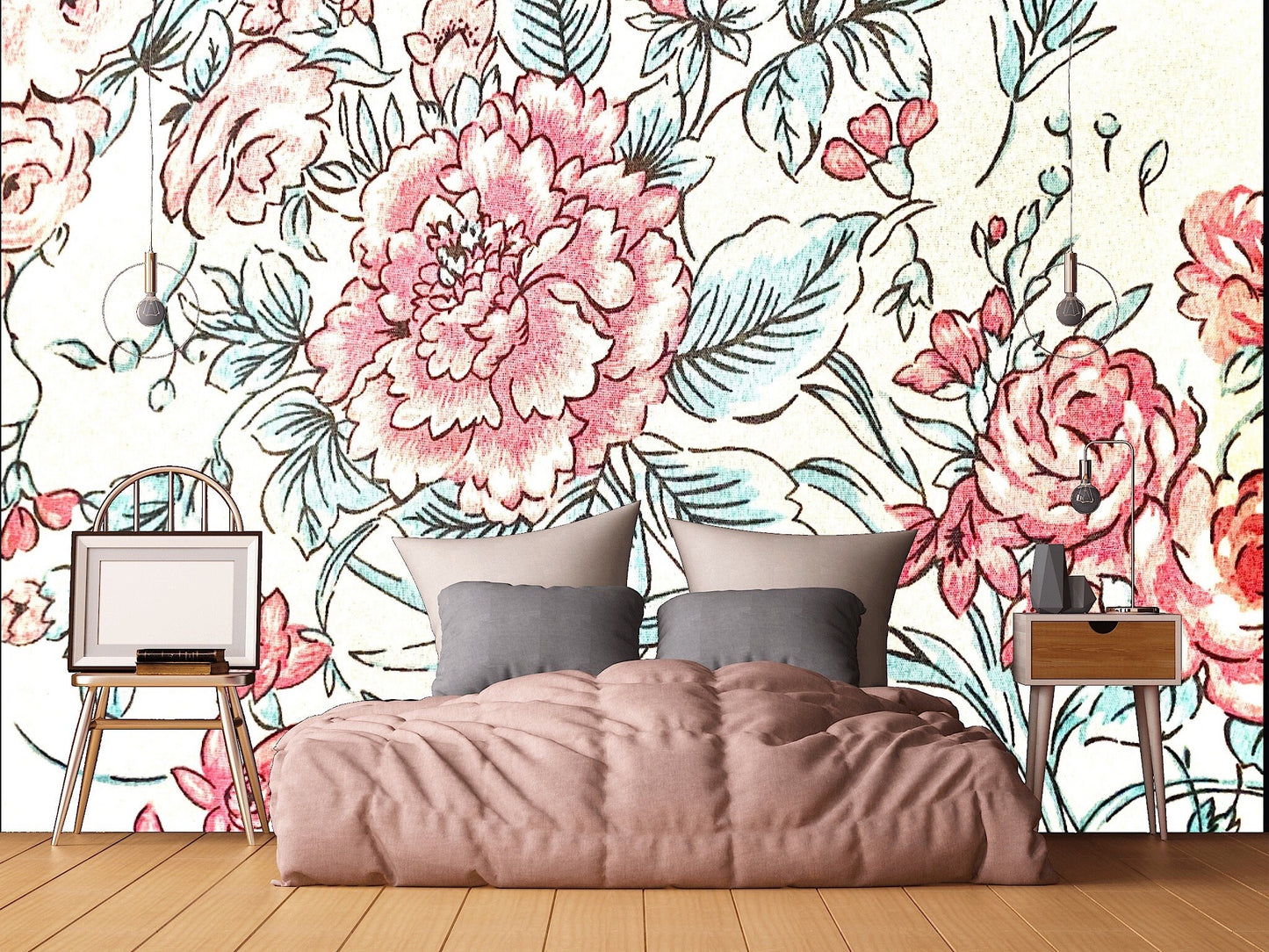 Removable Wallpaper Background Floral, Green and Red. Peel and Stick Wallpaper.