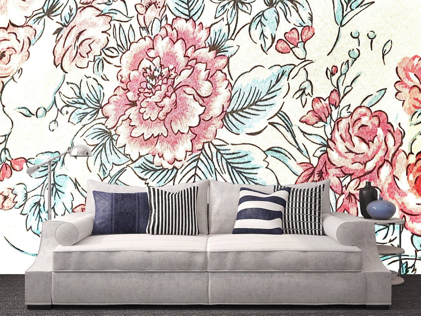 Removable Wallpaper Background Floral, Green and Red. Peel and Stick Wallpaper.