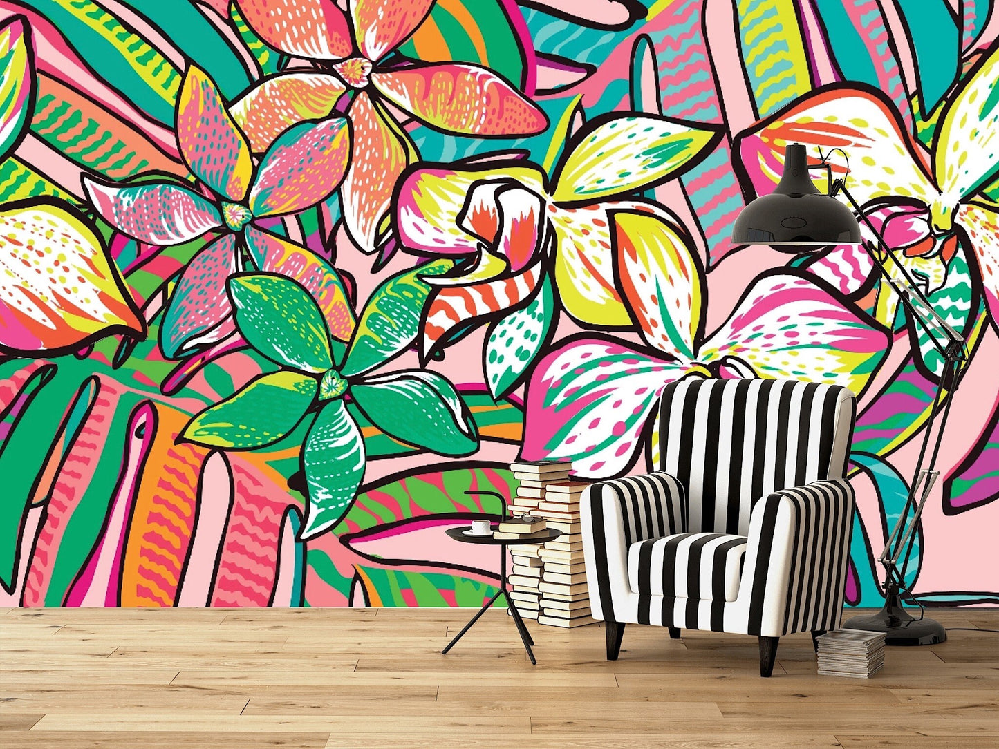 Removable Wallpaper Pattern of a Tropical Artwork. Peel and Stick Wallpaper.