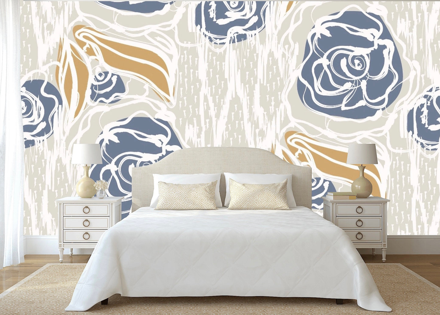 Removable Wallpaper French Blue Floral Linen Seamless Pattern. Peel and Stick Wallpaper.