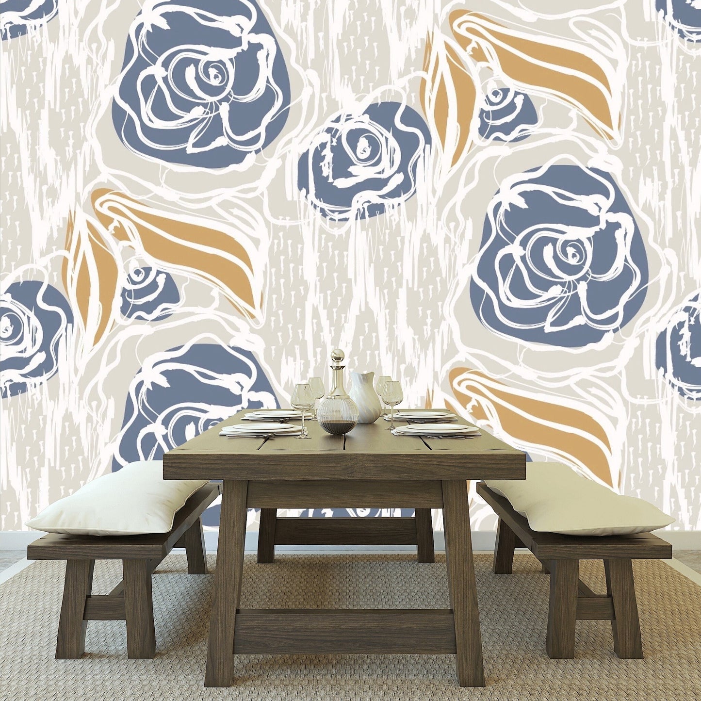 Removable Wallpaper French Blue Floral Linen Seamless Pattern. Peel and Stick Wallpaper.