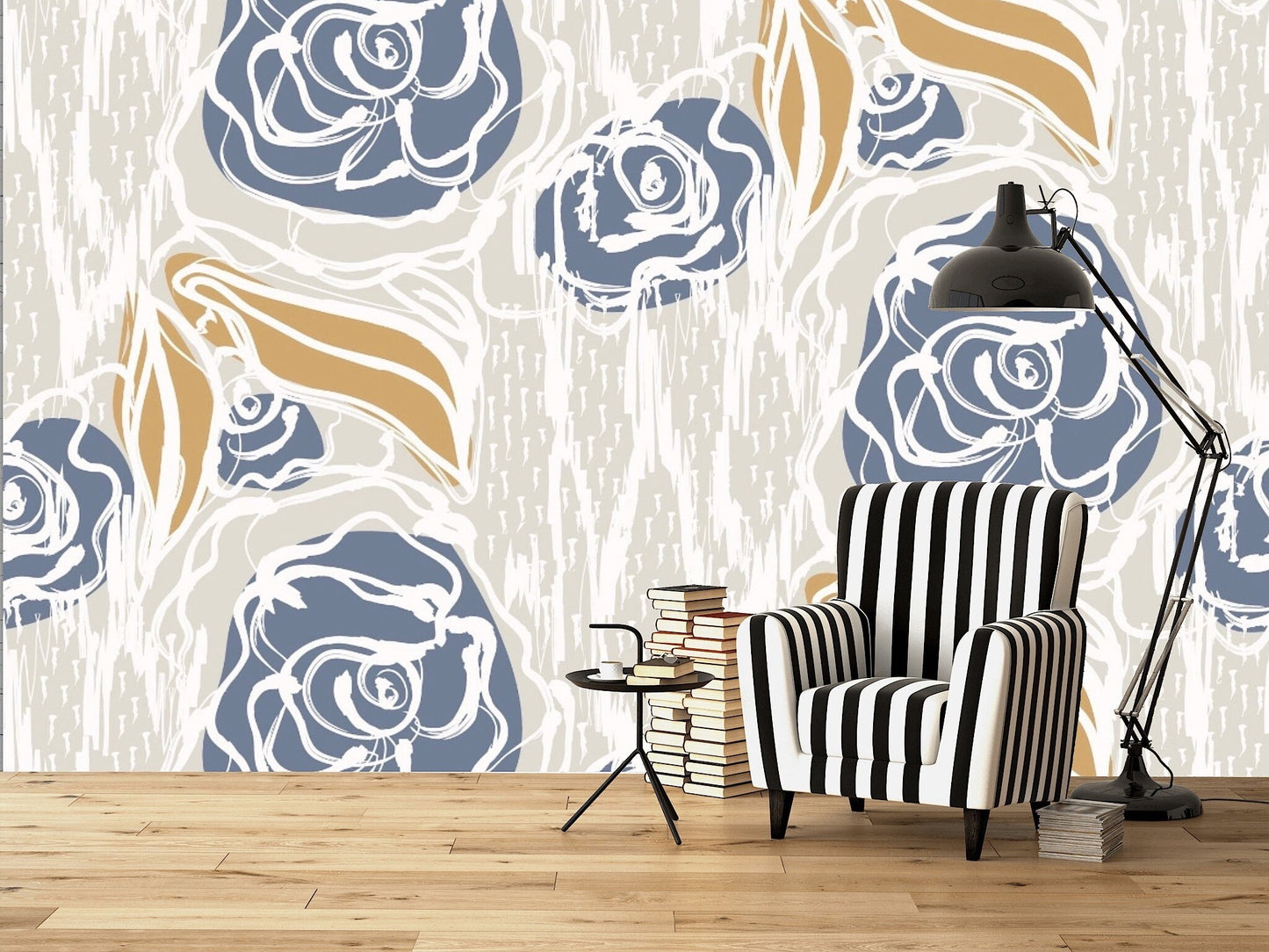 Removable Wallpaper French Blue Floral Linen Seamless Pattern. Peel and Stick Wallpaper.