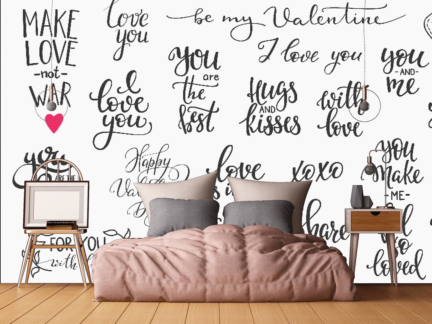 Removable Wallpaper Romantic Lettering Set. Peel and Stick Wallpaper.