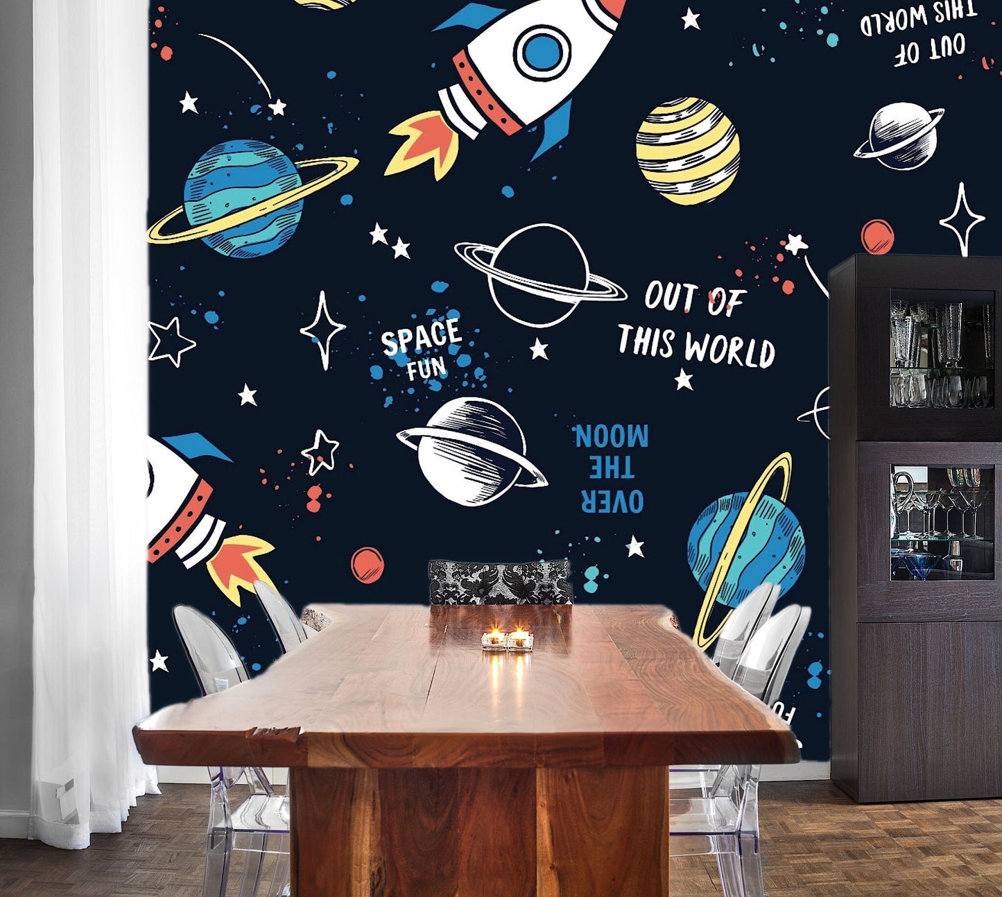 Removable Wallpaper Hand Drawn Space Elements. Peel and Stick Wallpaper