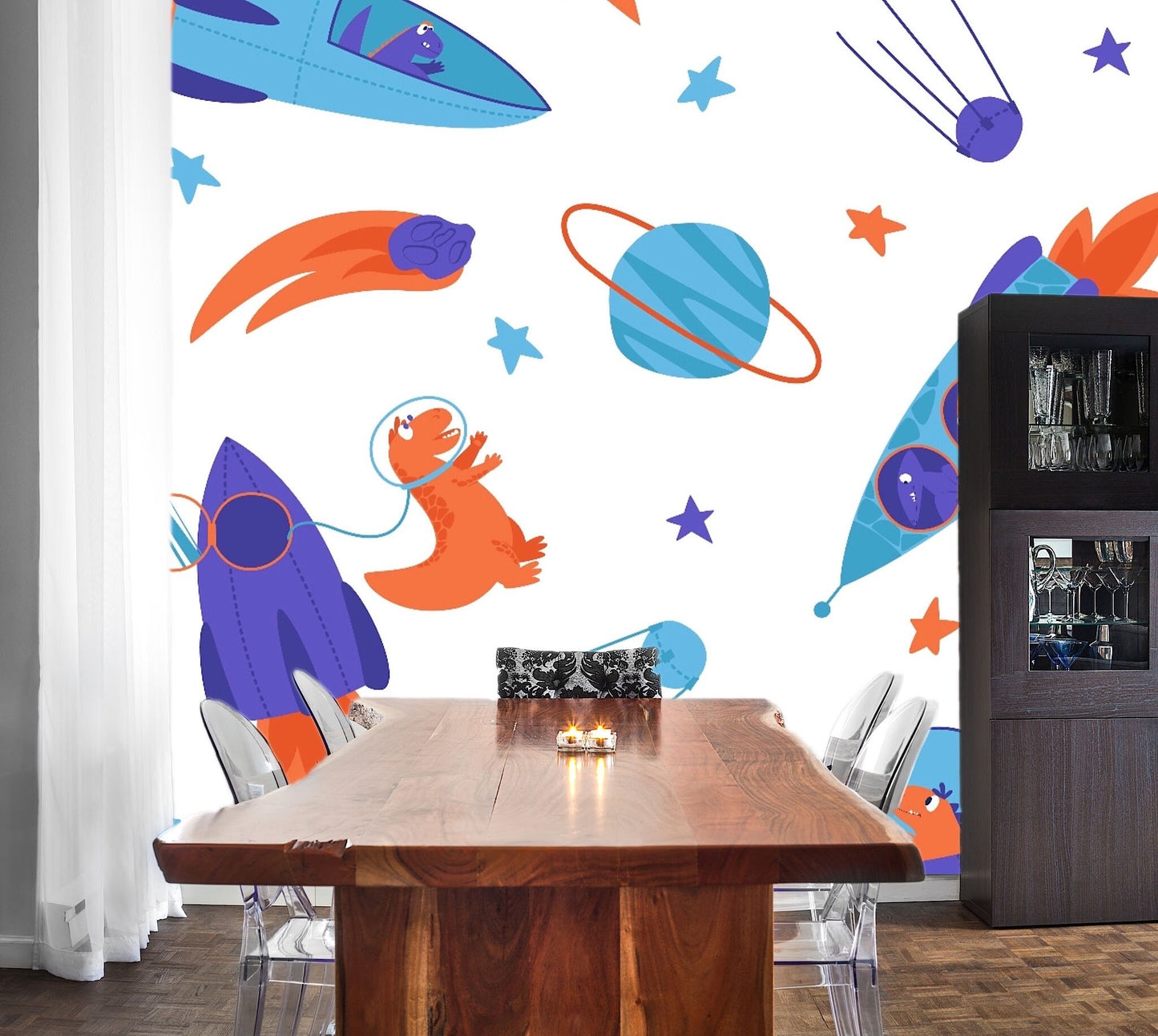 Removable Wallpaper Seamless pattern of Dinosaurs Traveling Into Space . Peel and Stick Wallpaper