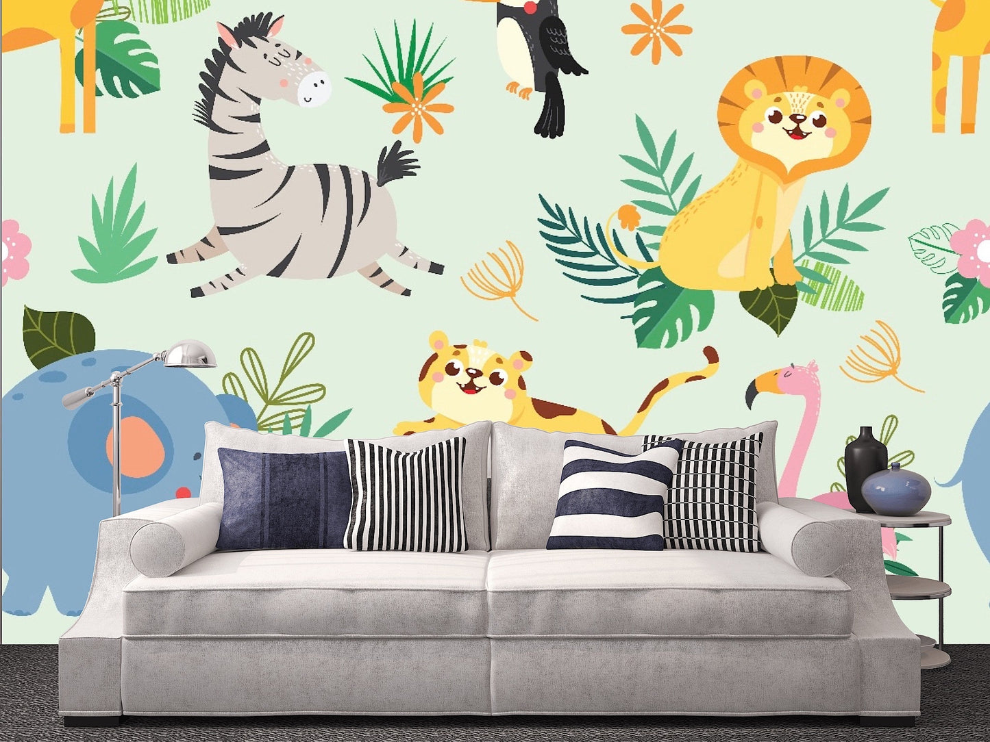 Removable Wallpaper Seamless Pattern with Wild Animals. Peel and Stick Wallpaper.