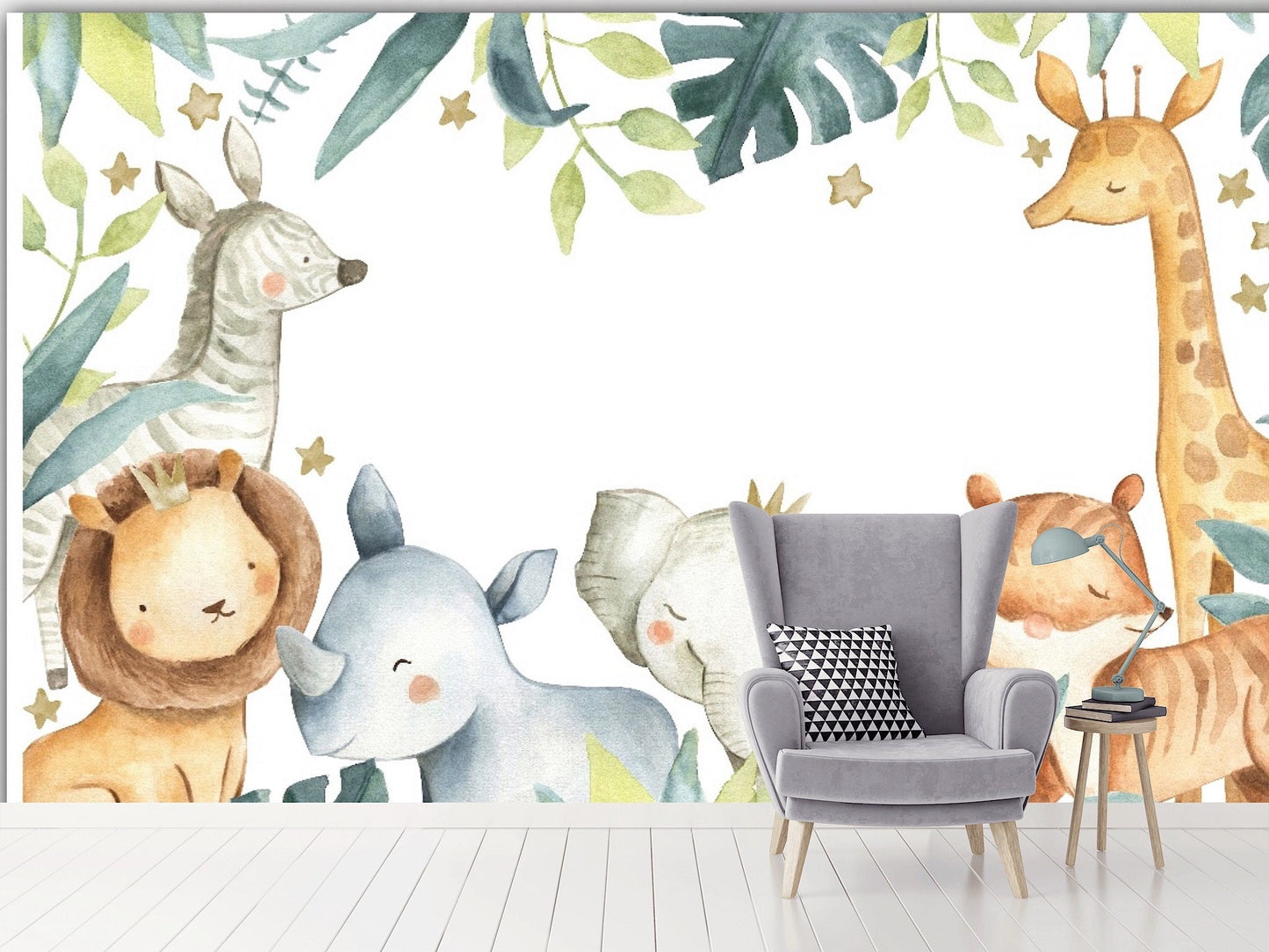 Removable Wallpaper Safari Animals Watercolour. Peel and Stick Wallpaper.