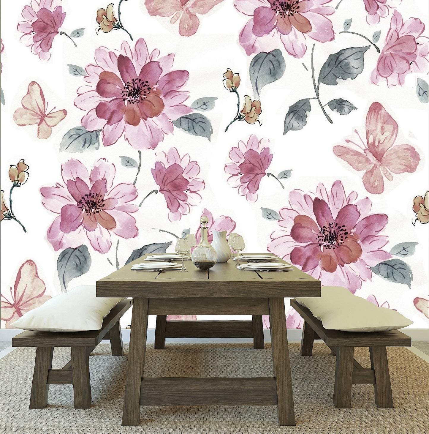 Removable Wallpaper Halftone Flowers Bouquet floral pattern. Peel and Stick Wallpaper.