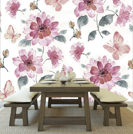 Removable Wallpaper Halftone Flowers Bouquet floral pattern. Peel and Stick Wallpaper.