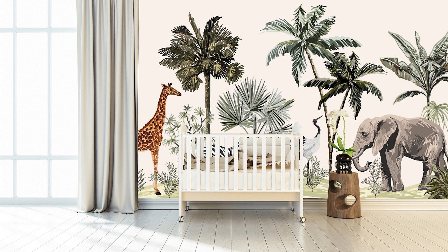 Removable Wallpaper Tropical Vintage Botanical Landscape. Peel and Stick Wallpaper.