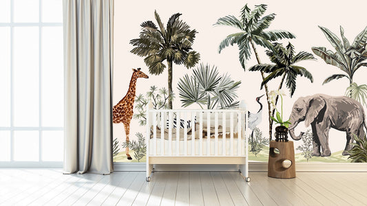 Removable Wallpaper Tropical Vintage Botanical Landscape. Peel and Stick Wallpaper.