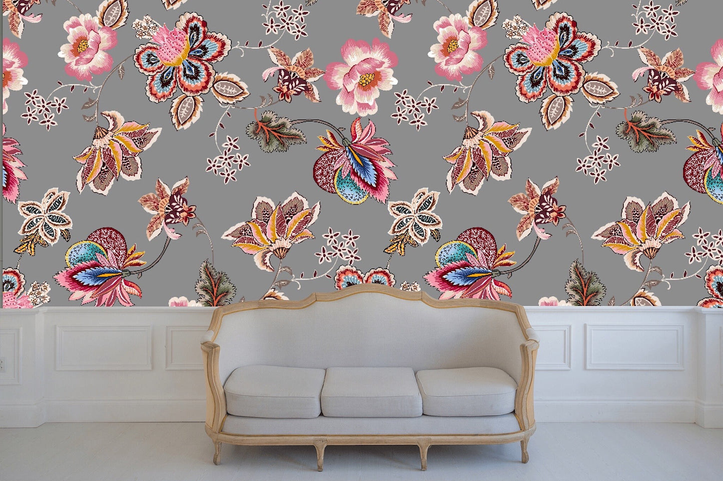 Removable Wallpaper Ethnic Vintage Seamless Flowers Pattern. Peel and Stick Wallpaper.