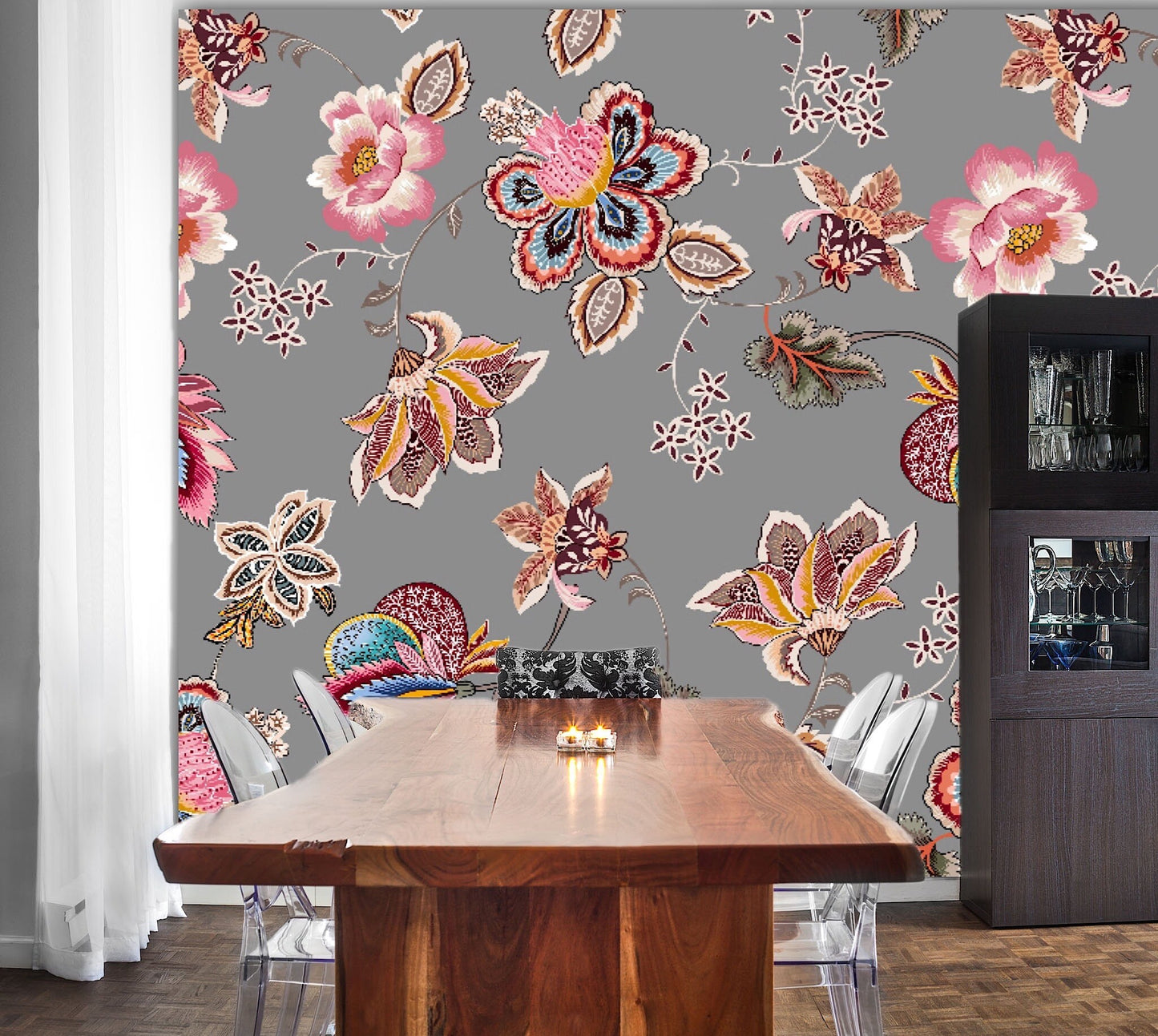Removable Wallpaper Ethnic Vintage Seamless Flowers Pattern. Peel and Stick Wallpaper.