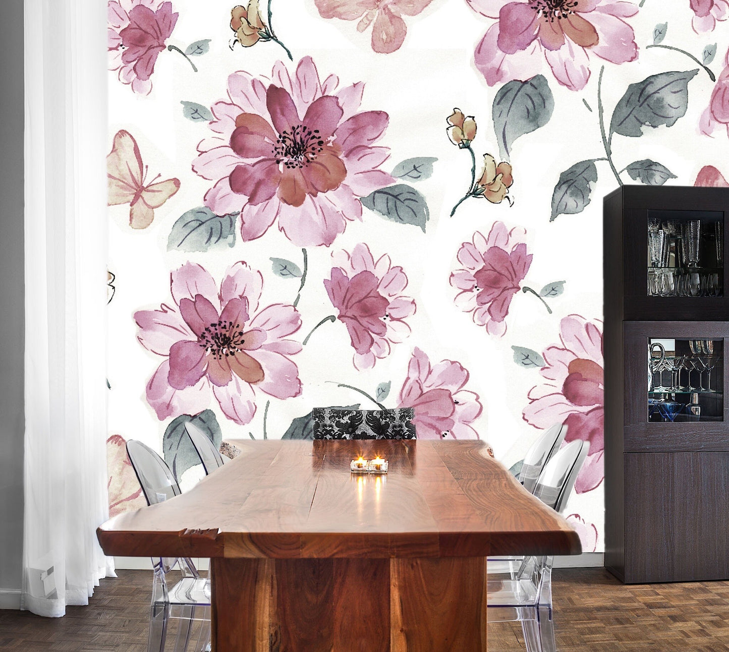 Removable Wallpaper Halftone Flowers Bouquet floral pattern. Peel and Stick Wallpaper.