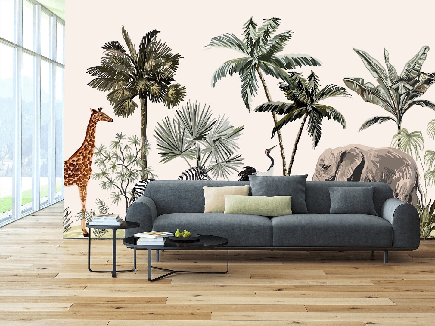 Removable Wallpaper Tropical Vintage Botanical Landscape. Peel and Stick Wallpaper.