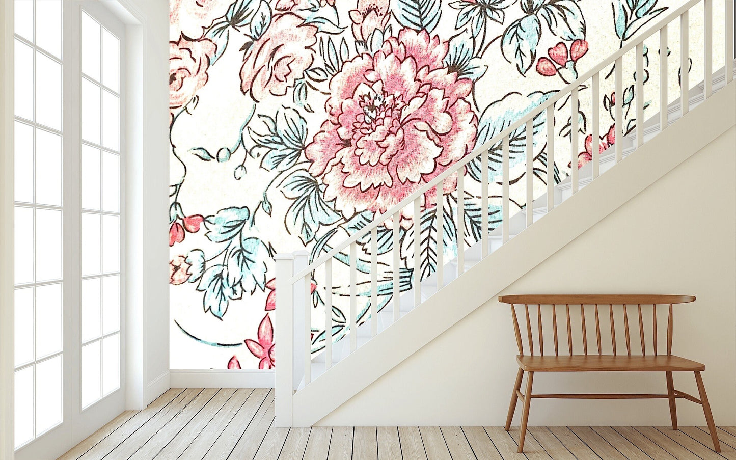Removable Wallpaper Background Floral, Green and Red. Peel and Stick Wallpaper.