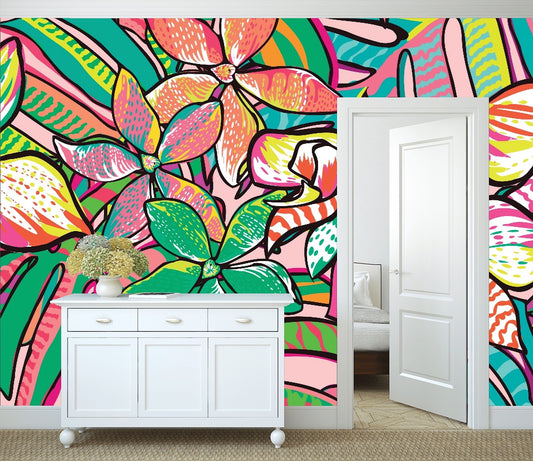 Removable Wallpaper Pattern of a Tropical Artwork. Peel and Stick Wallpaper.