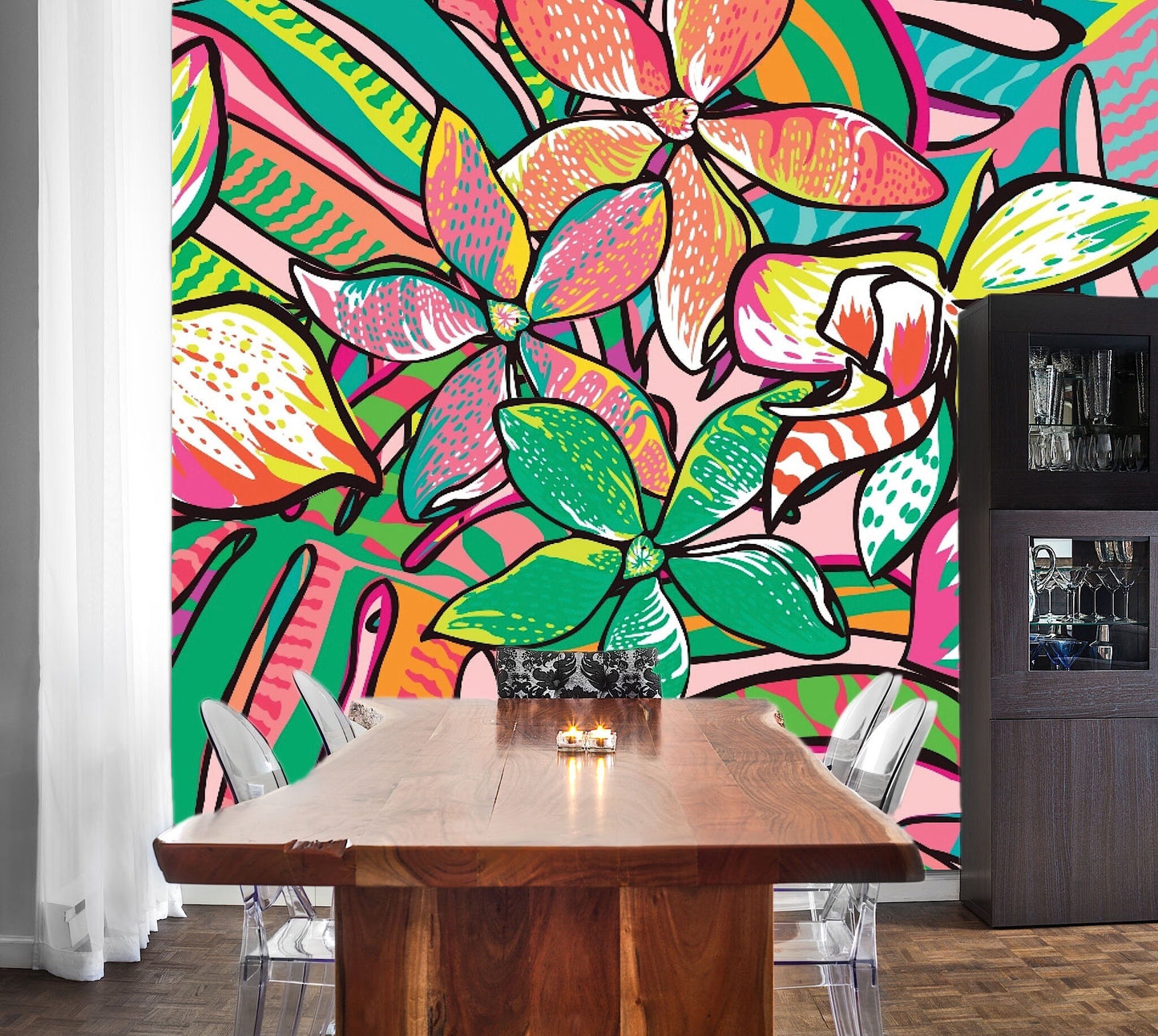 Removable Wallpaper Pattern of a Tropical Artwork. Peel and Stick Wallpaper.