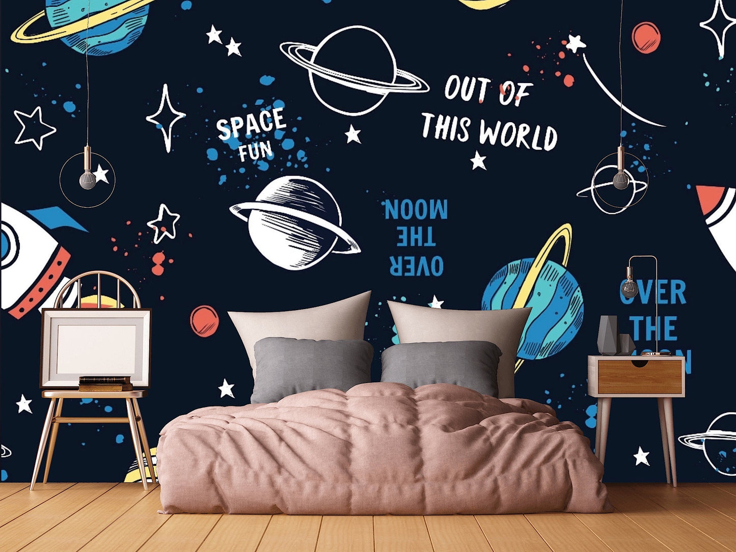 Removable Wallpaper Hand Drawn Space Elements. Peel and Stick Wallpaper