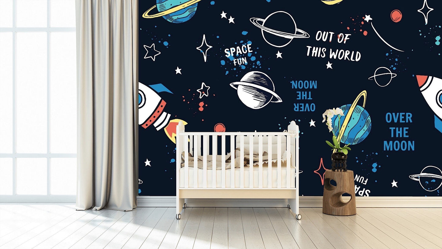 Removable Wallpaper Hand Drawn Space Elements. Peel and Stick Wallpaper