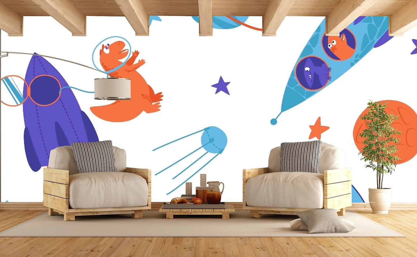 Removable Wallpaper Seamless pattern of Dinosaurs Traveling Into Space . Peel and Stick Wallpaper