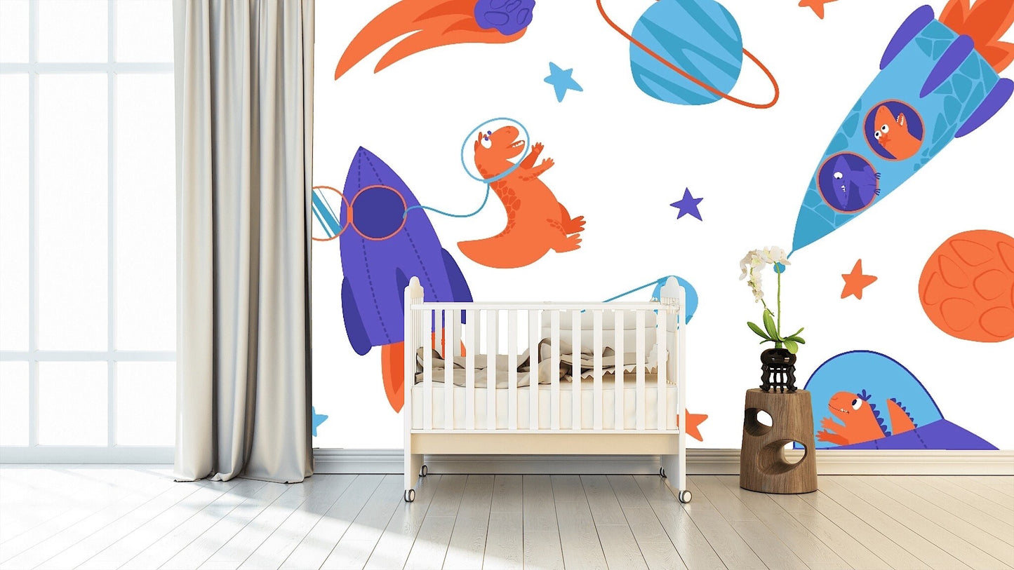 Removable Wallpaper Seamless pattern of Dinosaurs Traveling Into Space . Peel and Stick Wallpaper