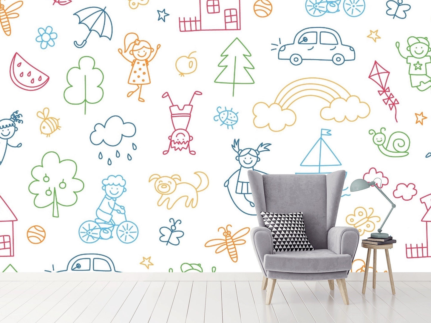 Removable Wallpaper Childish Doodle Pattern. Peel and Stick Wallpaper