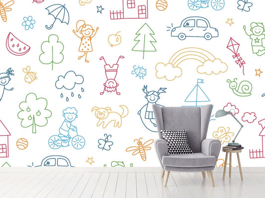 Removable Wallpaper Childish Doodle Pattern. Peel and Stick Wallpaper