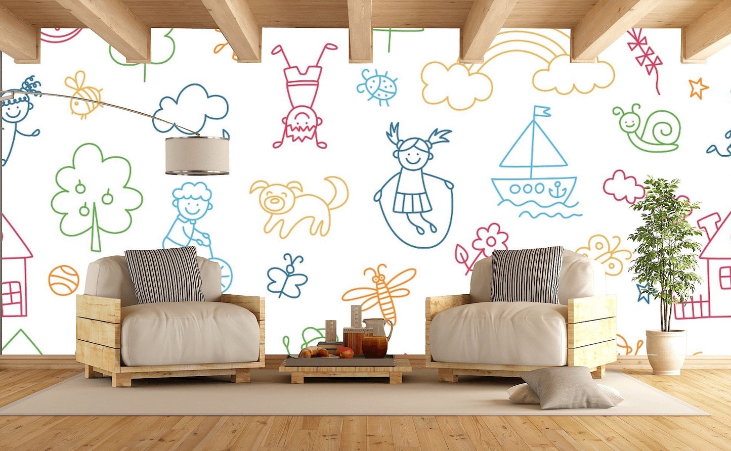 Removable Wallpaper Childish Doodle Pattern. Peel and Stick Wallpaper
