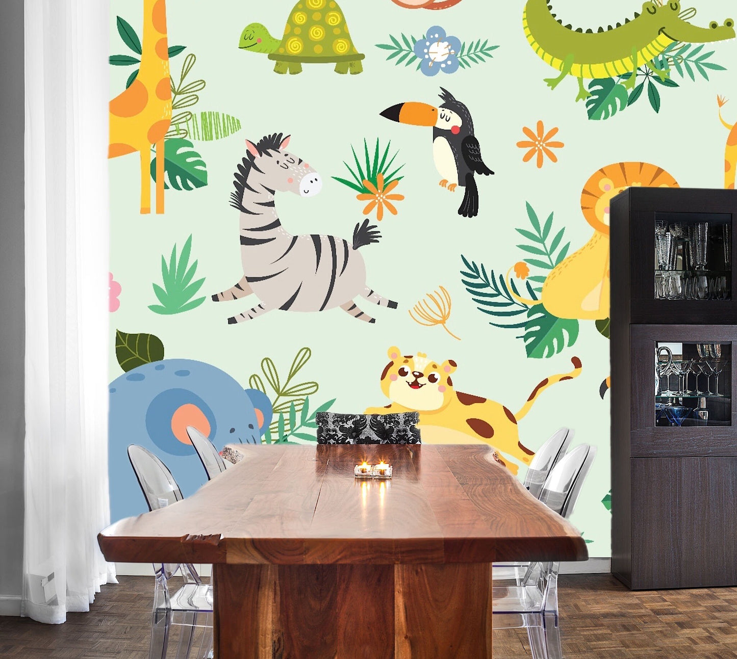Removable Wallpaper Seamless Pattern with Wild Animals. Peel and Stick Wallpaper.