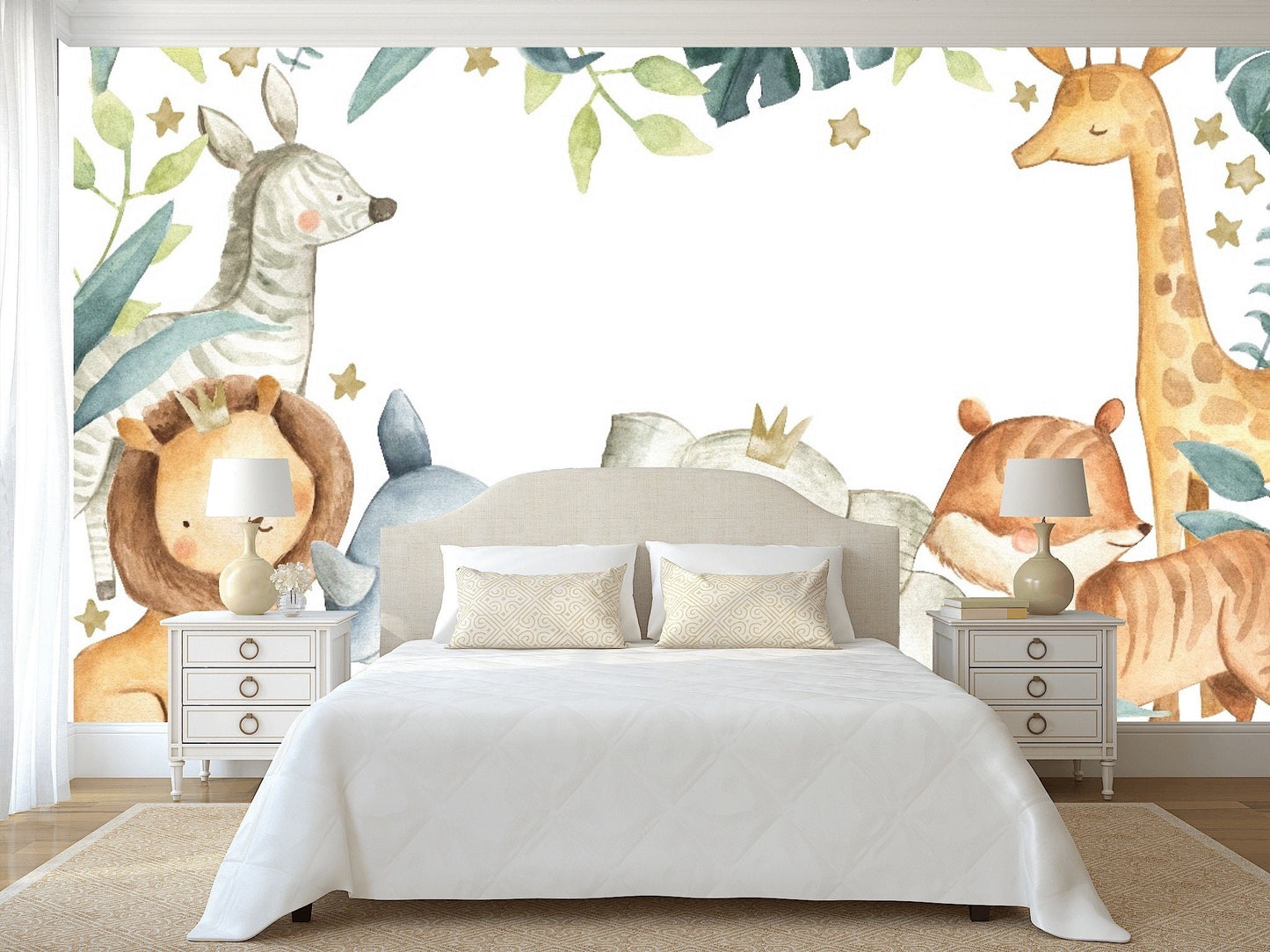 Removable Wallpaper Safari Animals Watercolour. Peel and Stick Wallpaper.