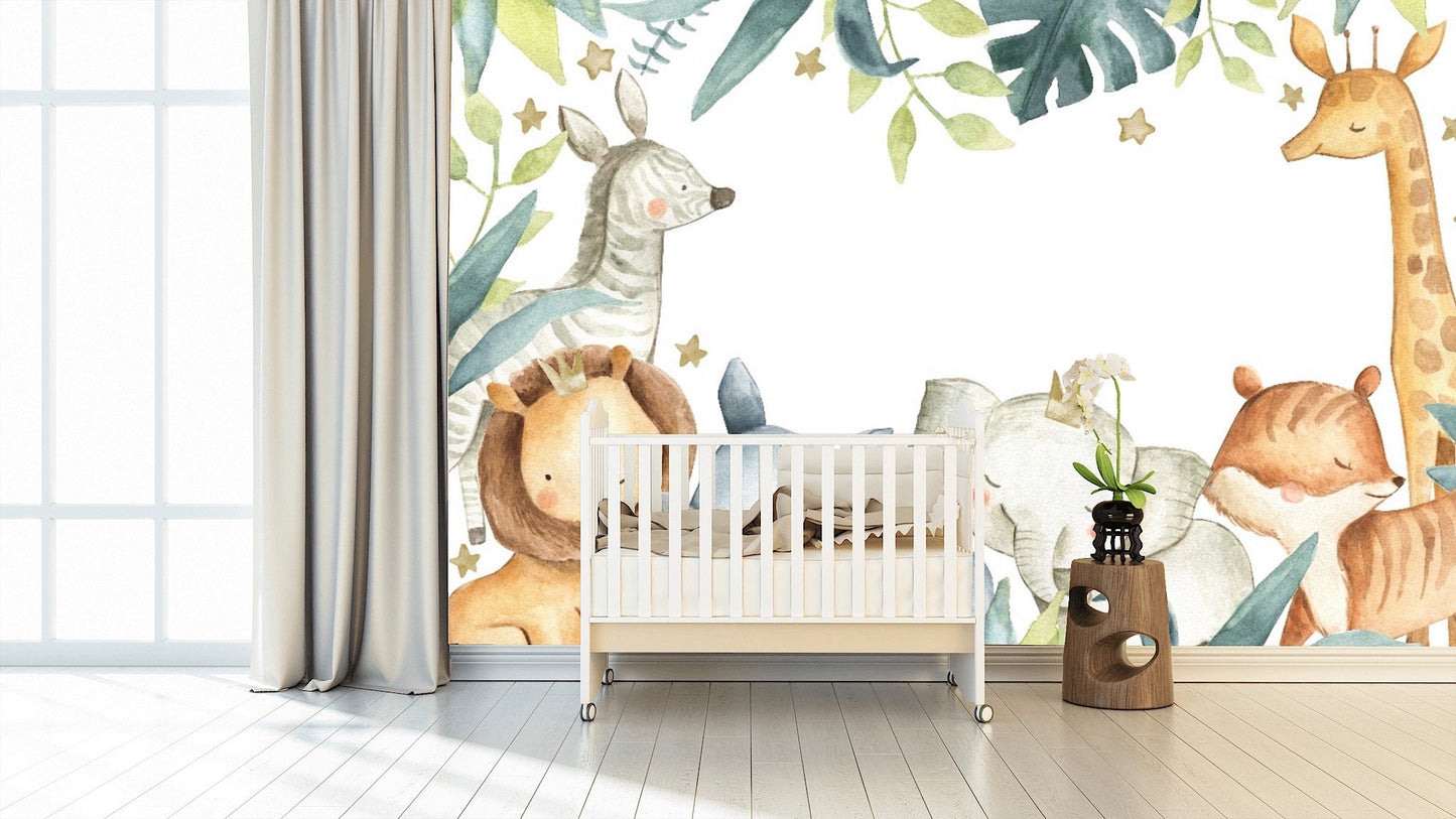 Removable Wallpaper Safari Animals Watercolour. Peel and Stick Wallpaper.